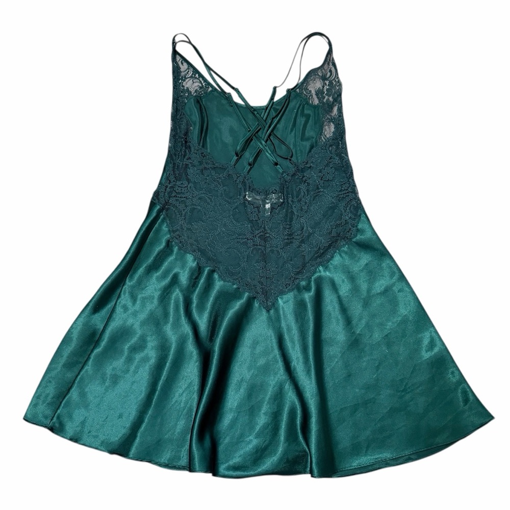 Vintage 90s Victoria's Secret Emerald Green Satin & Lace Chemise Dress | Size S